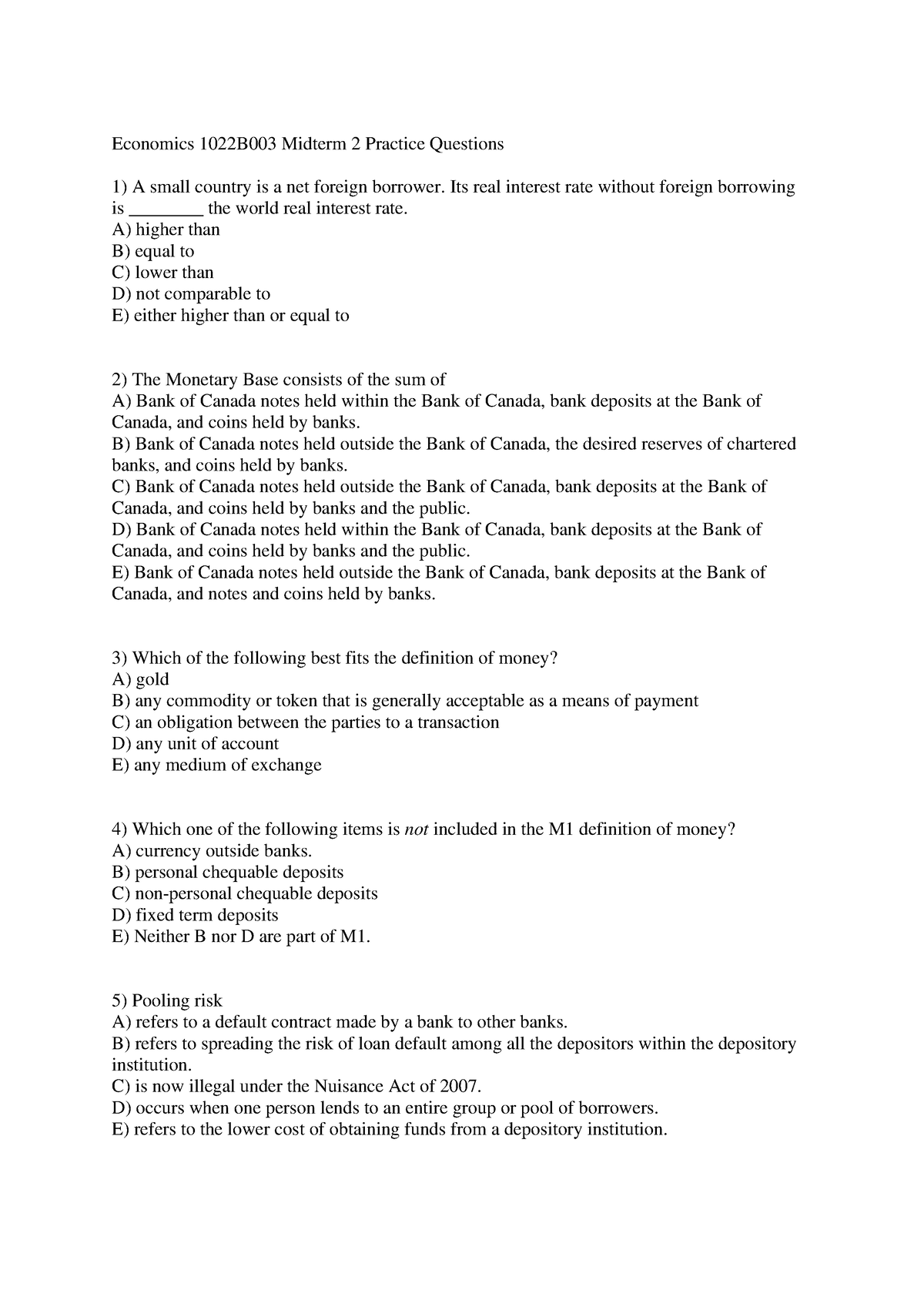 Macro 1022 - Midterm Test 2 Practice Test - 2019 - Economics 1022B003 ...