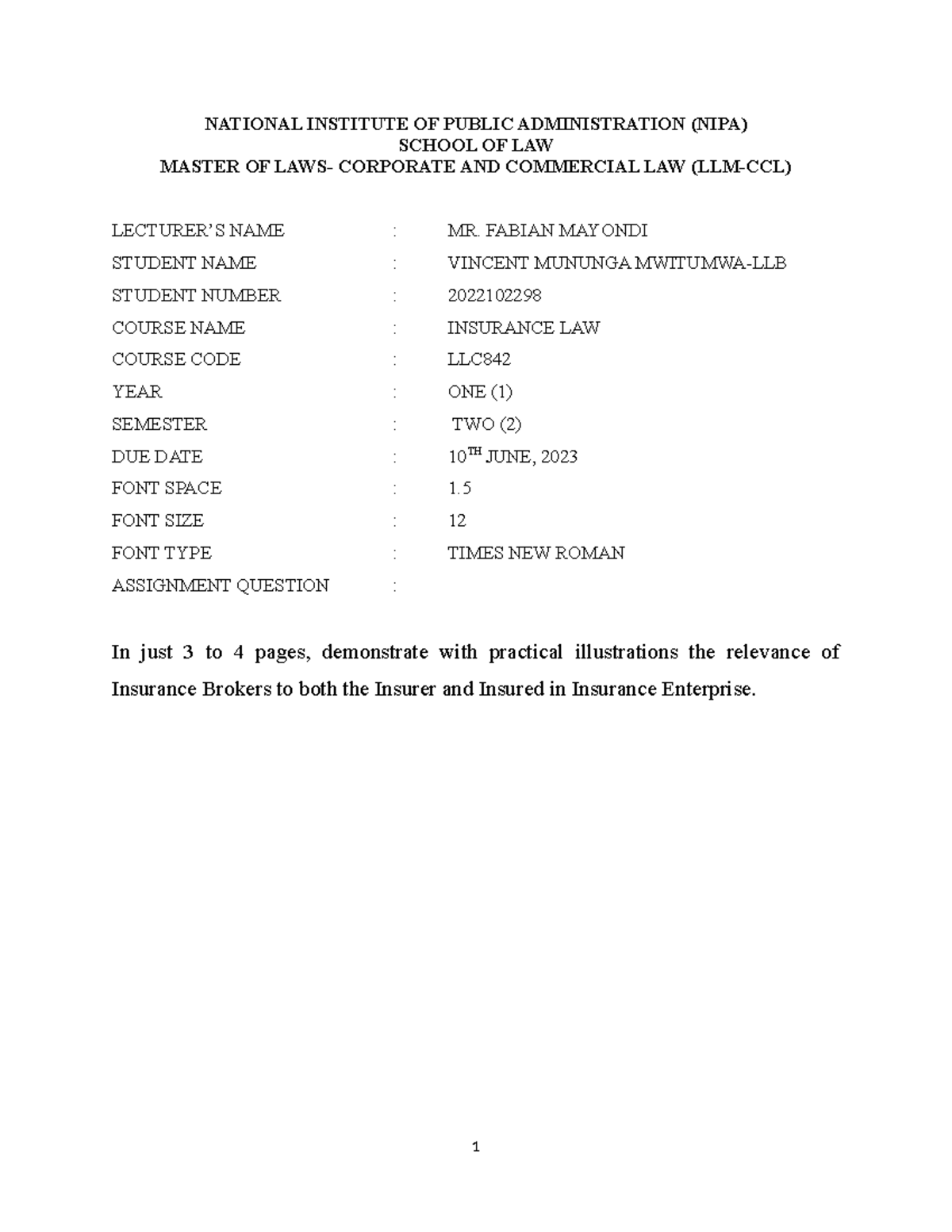 Insurance Contract NATIONAL INSTITUTE OF PUBLIC ADMINISTRATION (NIPA