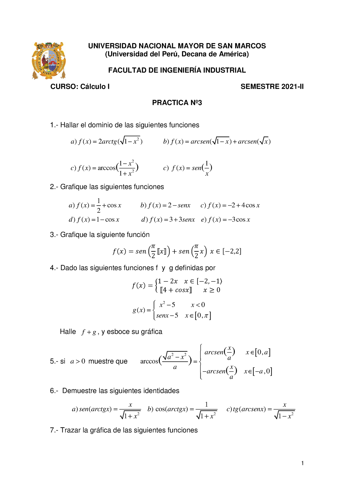 Práctica 3 - MATERIAL DE CÁLCULO I - 1 UNIVERSIDAD NACIONAL MAYOR DE ...