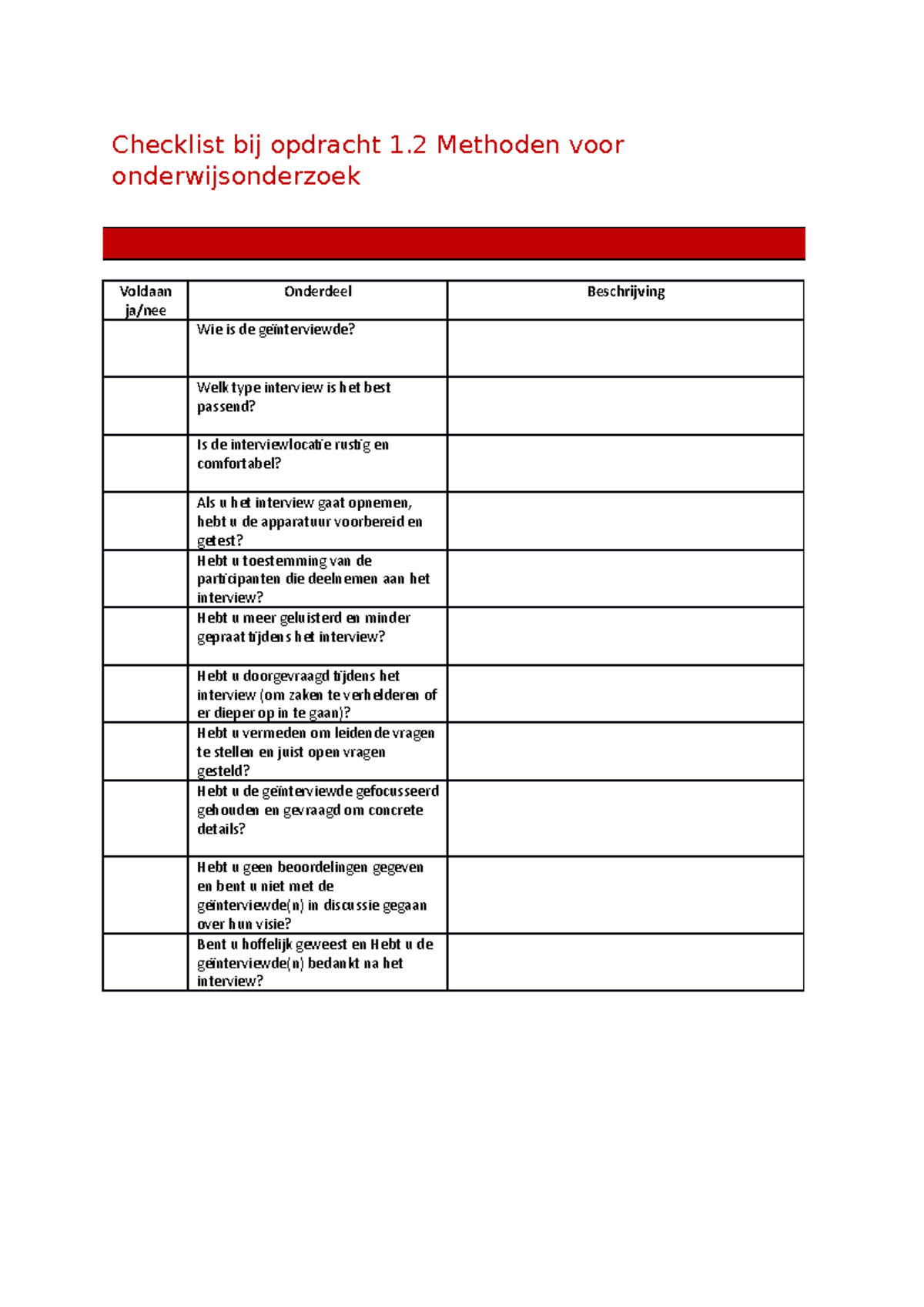 1.2 Checklist intervieuw Checklist bij opdracht 1 Methoden voor