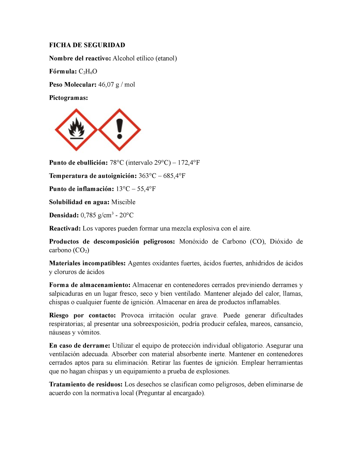 Fichas de seguridad 1 - Nombre del reactivo: Alcohol etílico (etanol ...