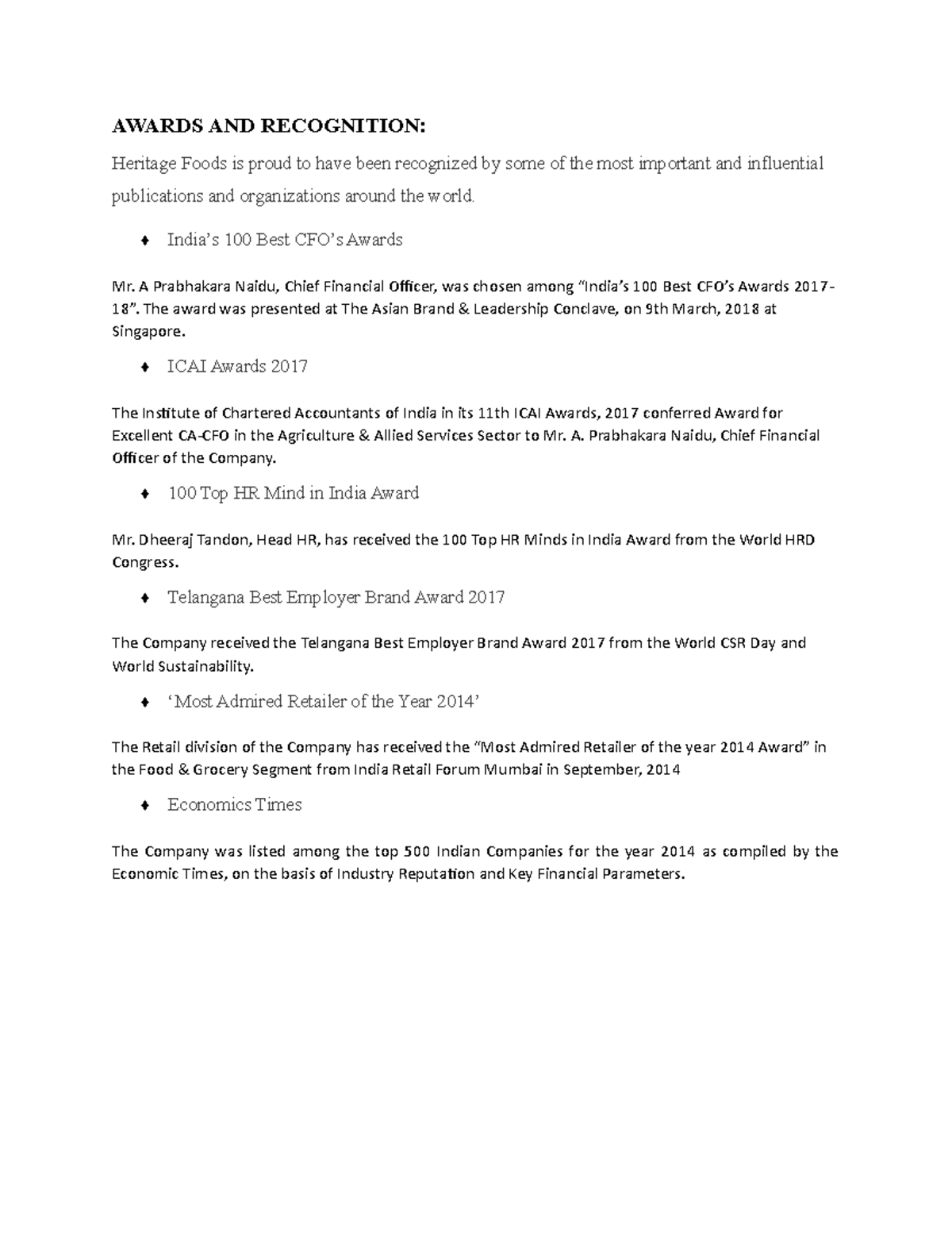 Awards and recognition AWARDS AND RECOGNITION Heritage Foods is