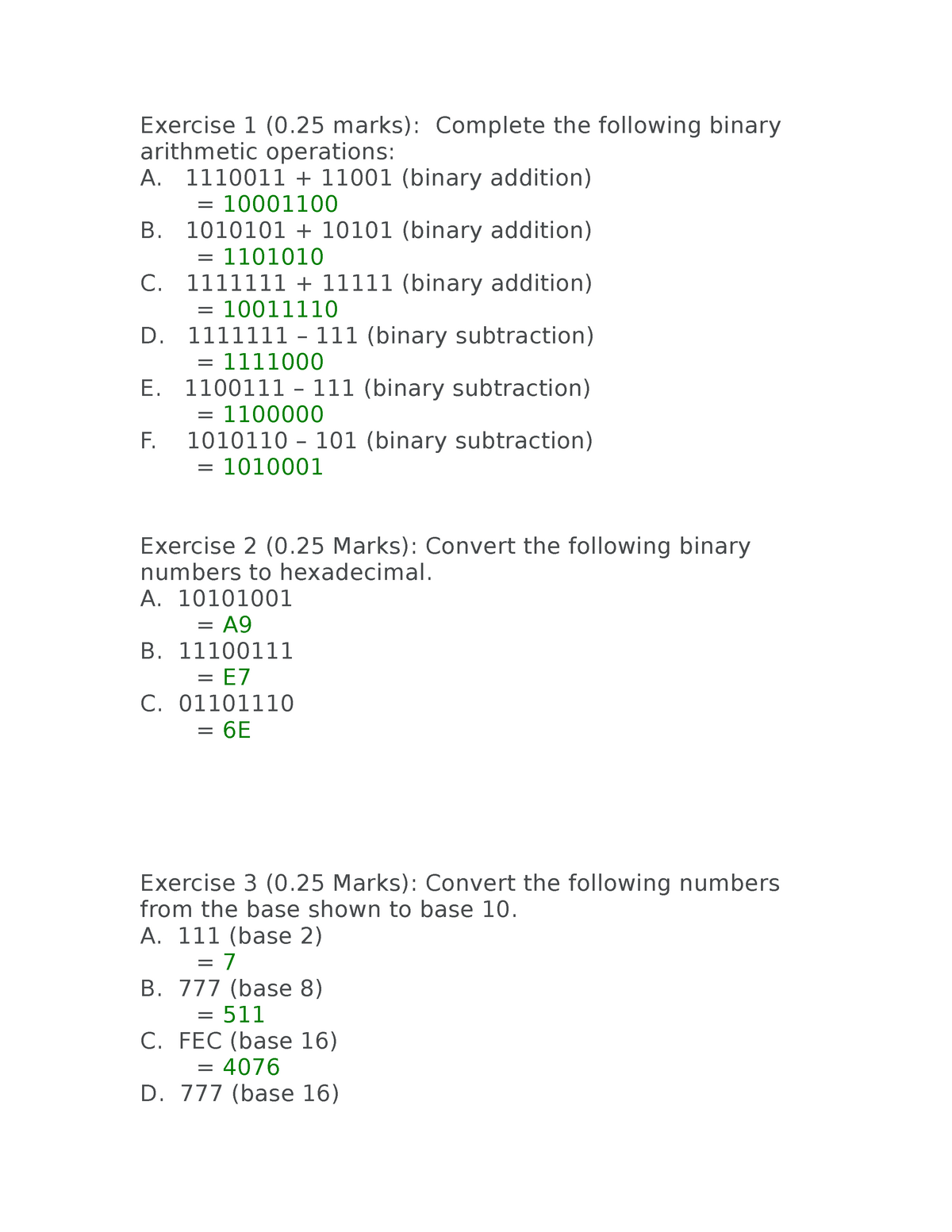 Number Systems - CITM207 - Exercise 1 (0 marks): Complete the following ...