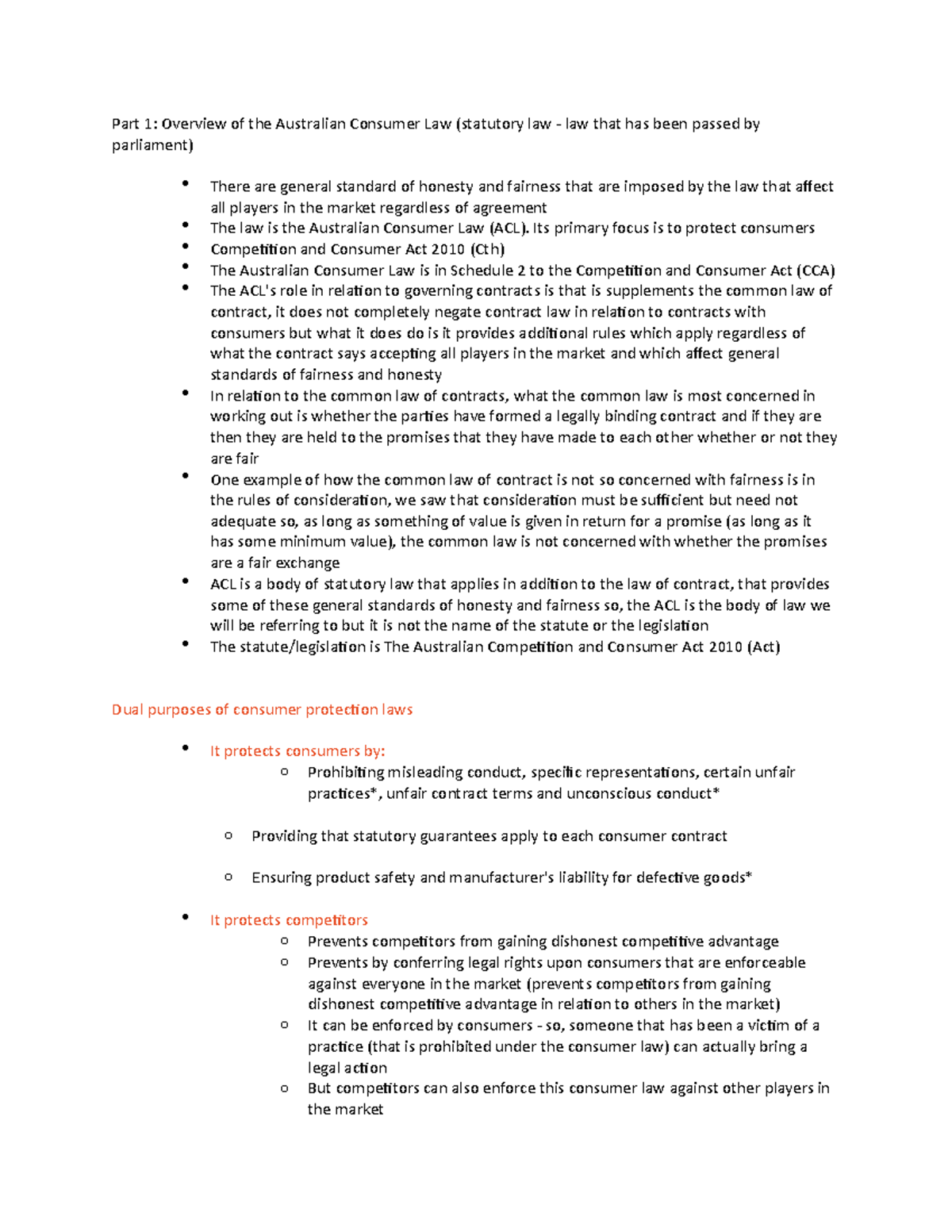 Btc1100 Week 6 Notes - Part 1: Overview Of The Australian Consumer Law ...