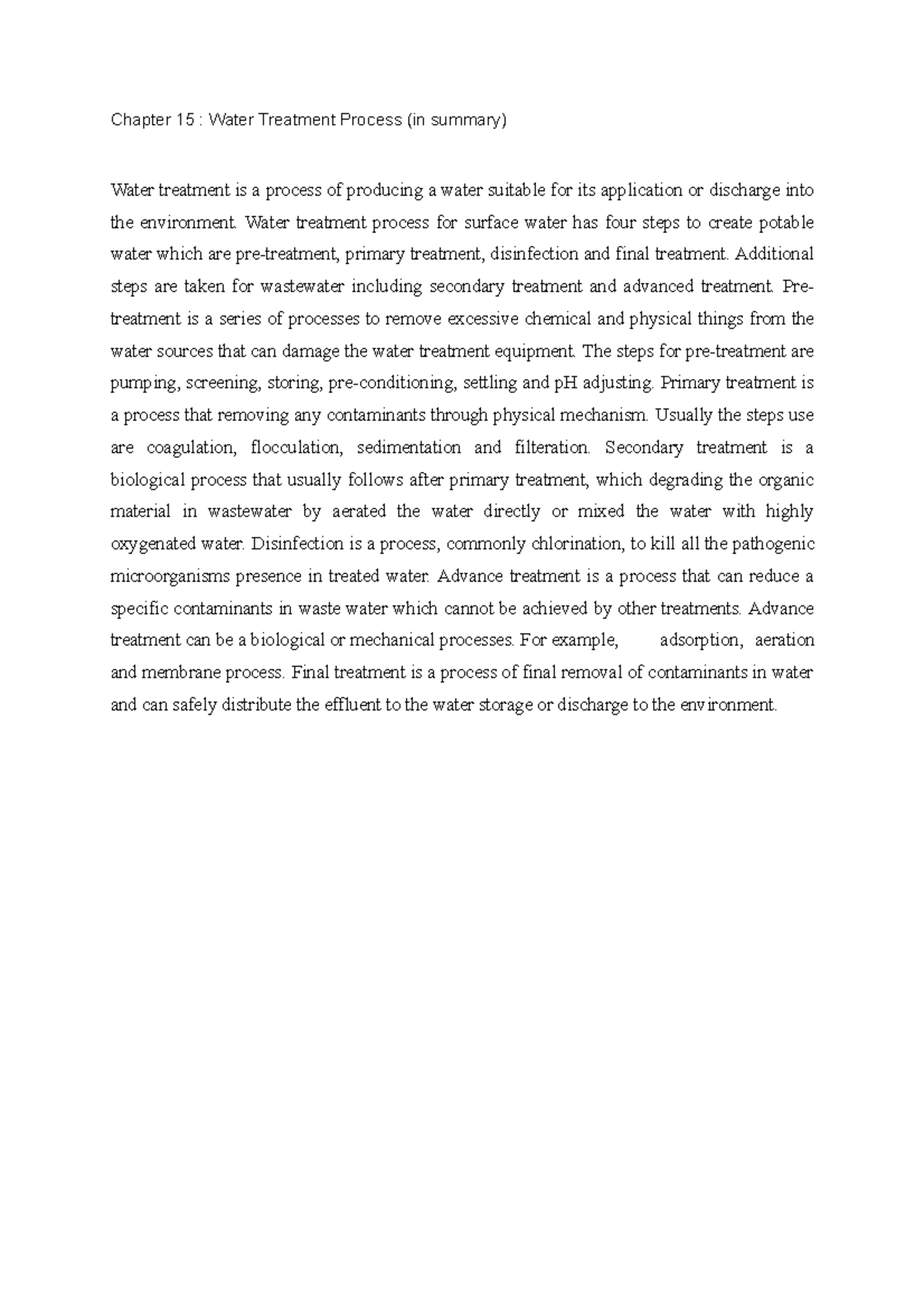 Summary notes of water treatment processes Chapter 15 Water
