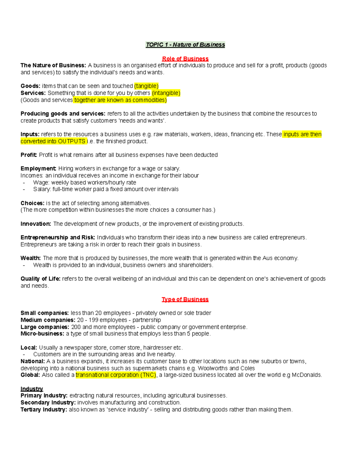 BST - Notes - TOPIC 1 - Nature of Business Role of Business The Nature ...