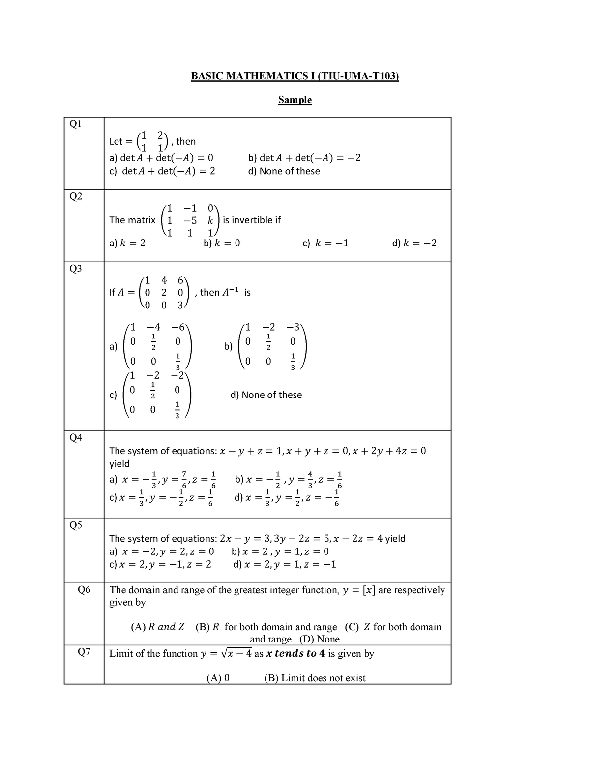 Sample BCA Maths I This is BCA 1st semester MTA Examination