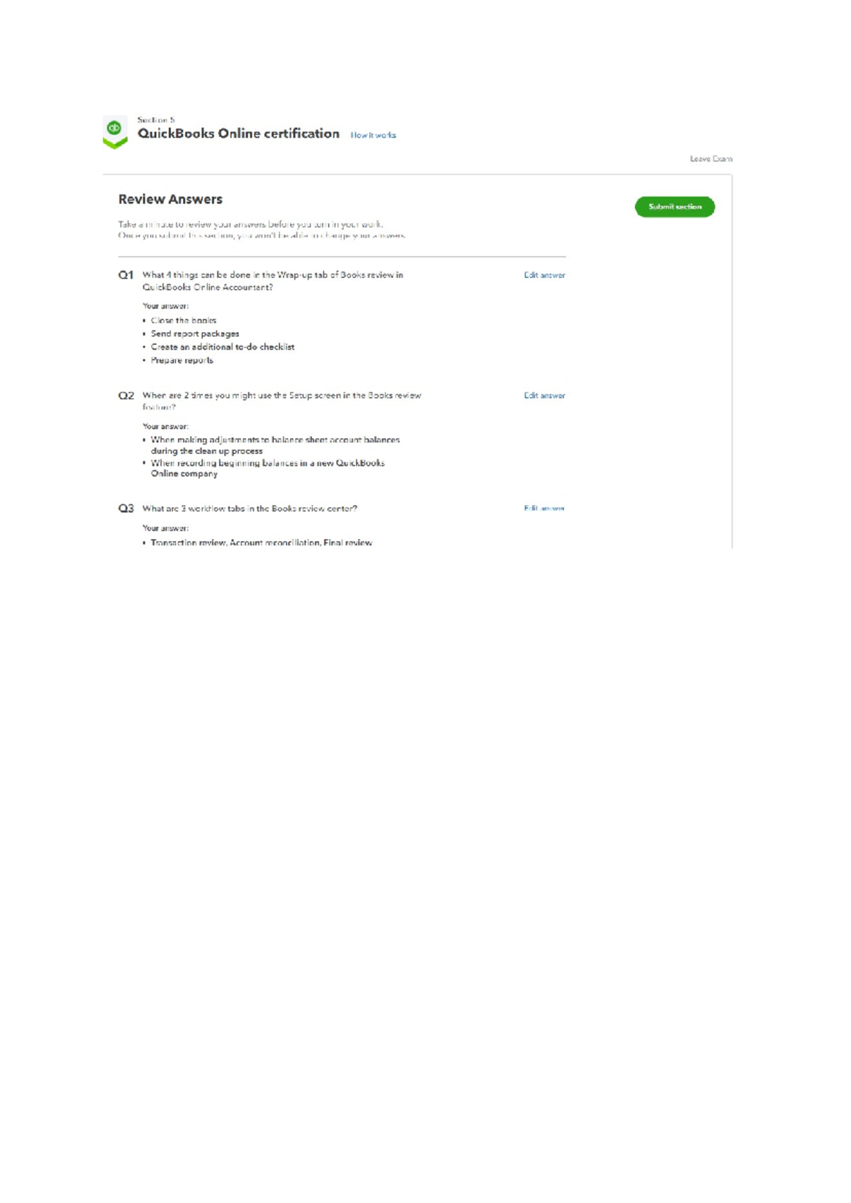 QBO Exam 5 - cheat - Section 5 QuickBooks Online certification How it works Leave Exam Review ...