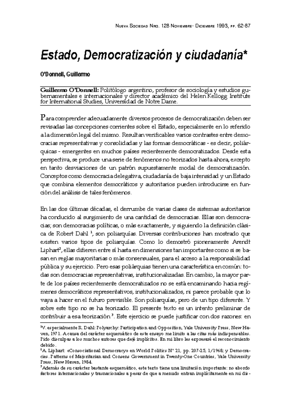 ODonnell 1993 - Estado, Democratización y ciudadanía* O'Donnell ...