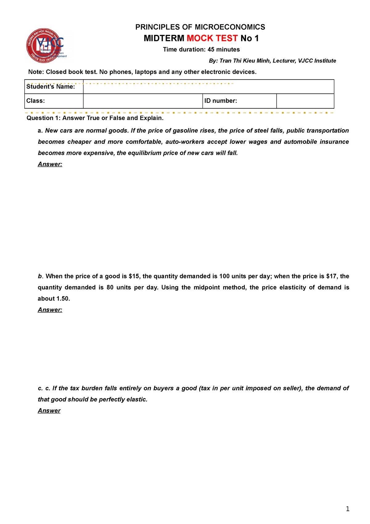 Mock Test for Midterm 1 - Mock test - PRINCIPLES OF MICROECONOMICS ...