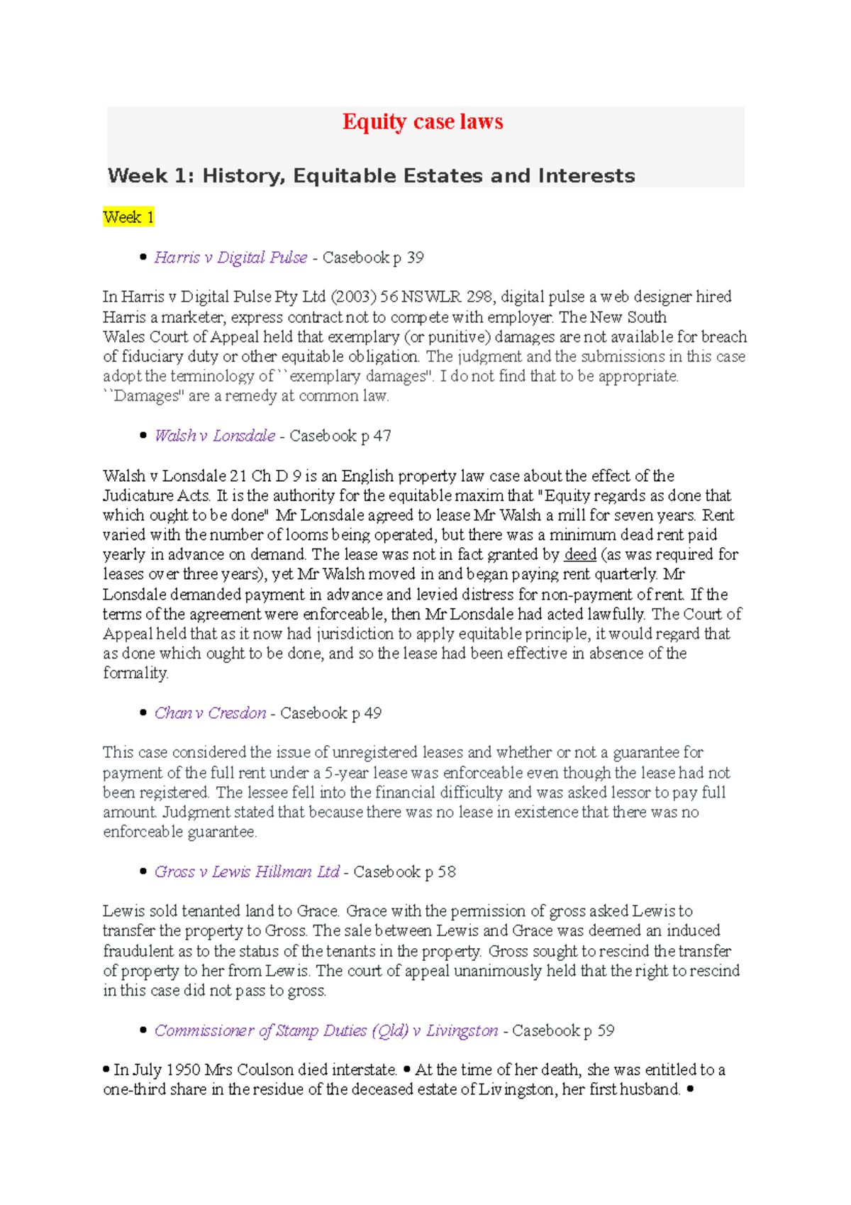 Equity case laws cases Equity case laws Week 1 History, Equitable