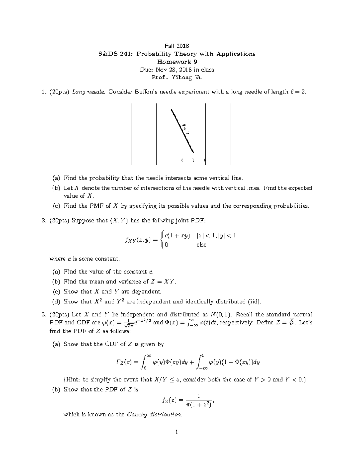 Hw9 Pset - Hw9 - Fall 2018 S&DS 241: Probability Theory With ...