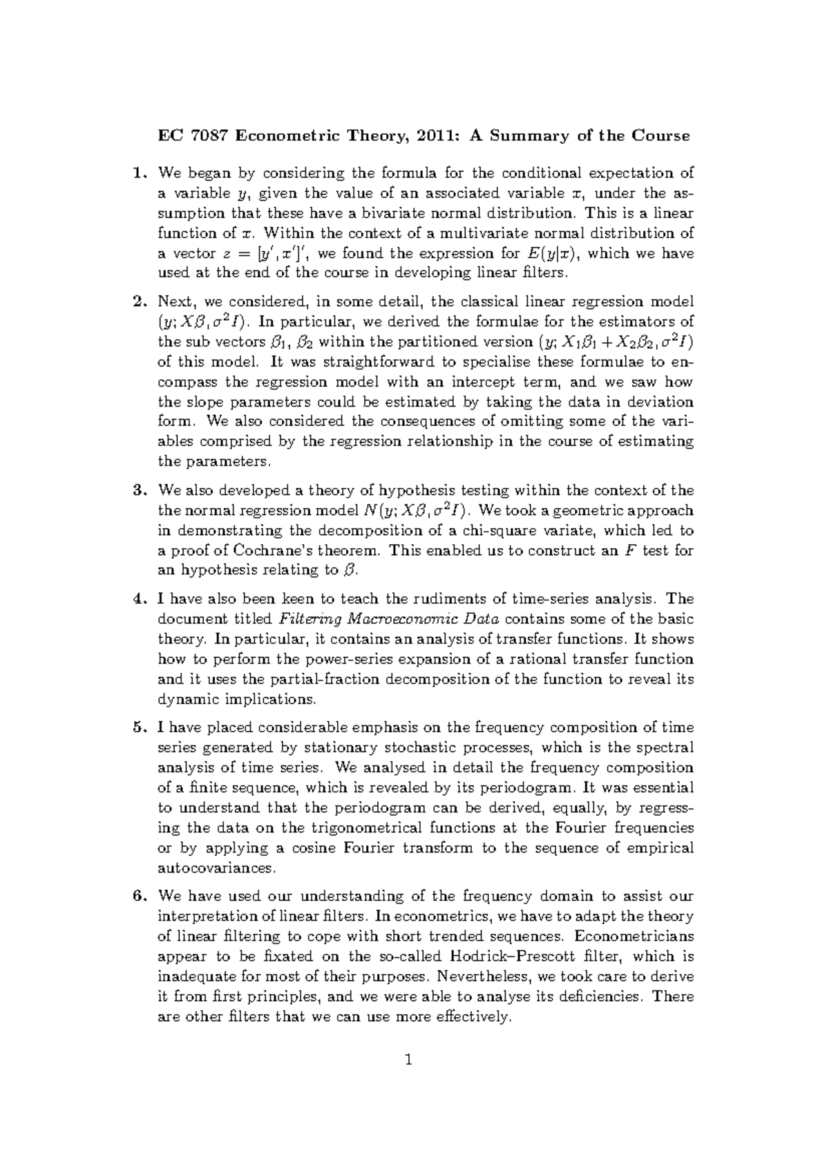 Summary 2011 course - Prof. D. Stephen G. Pollock - EC 7087 Econometric ...