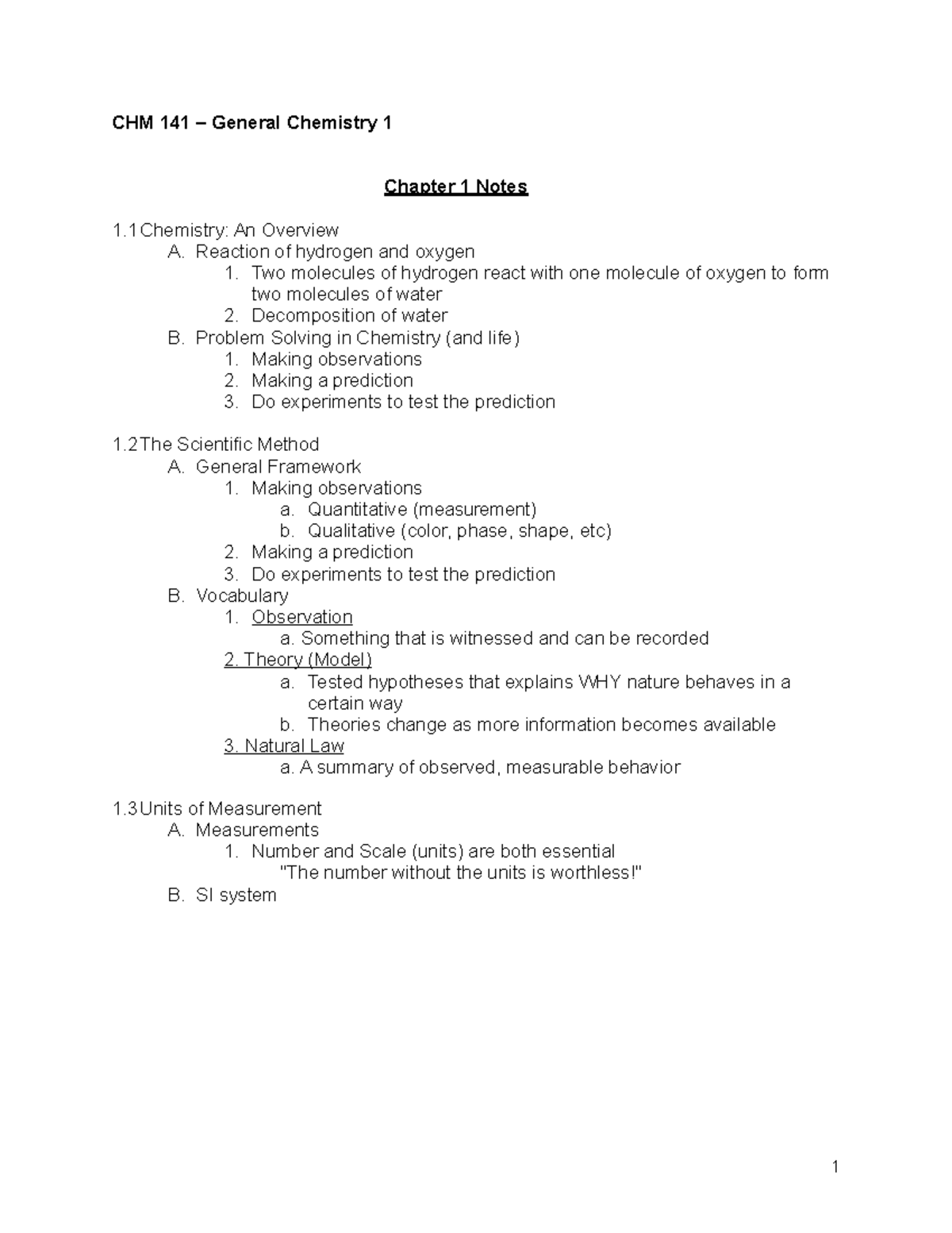 Chem 141 - Chapter 1 Notes - 1 CHM 141 – General Chemistry 1 Chapter 1 ...