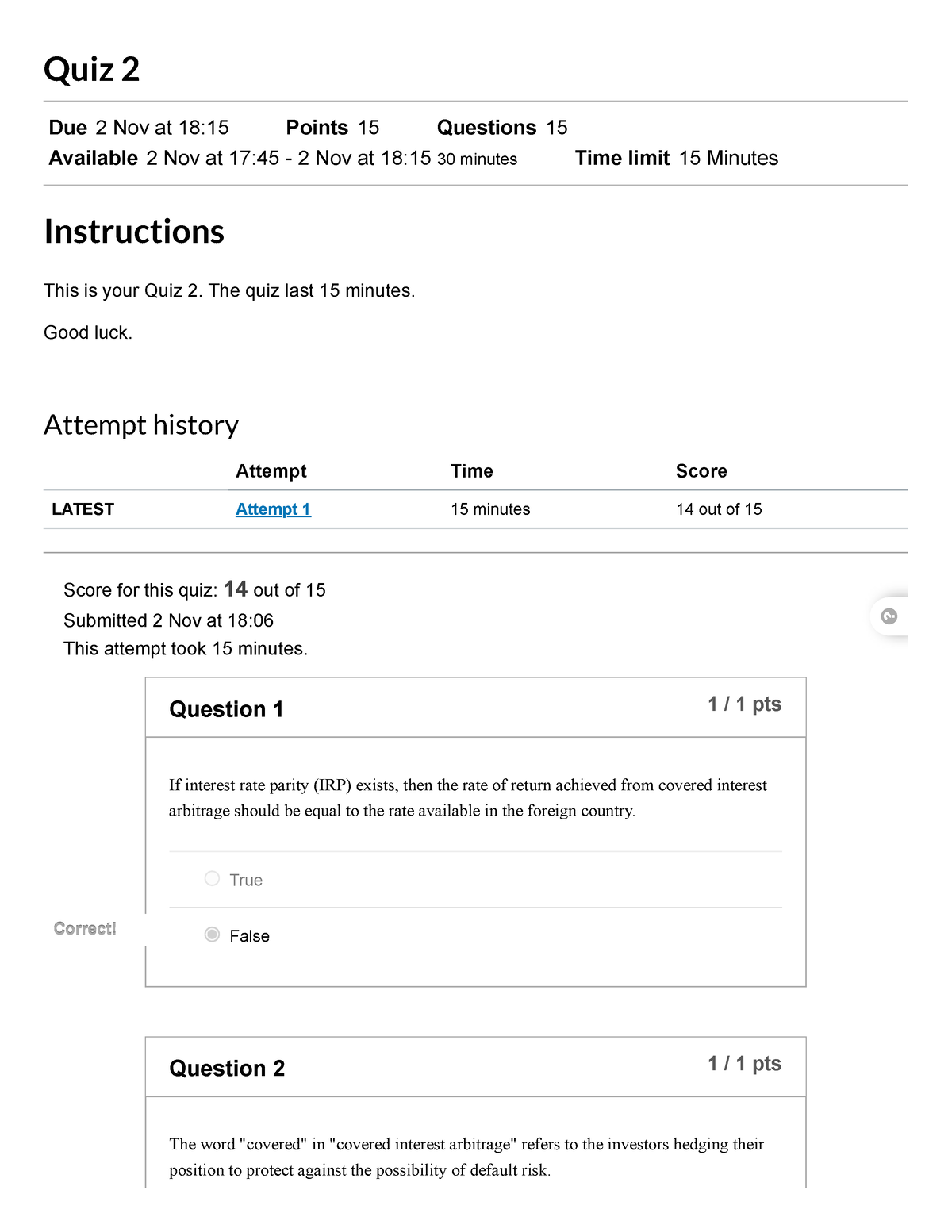 Quiz 2 Int'l Financial Management - Quiz 2 Due 2 Nov at 18:15 Points 15 ...