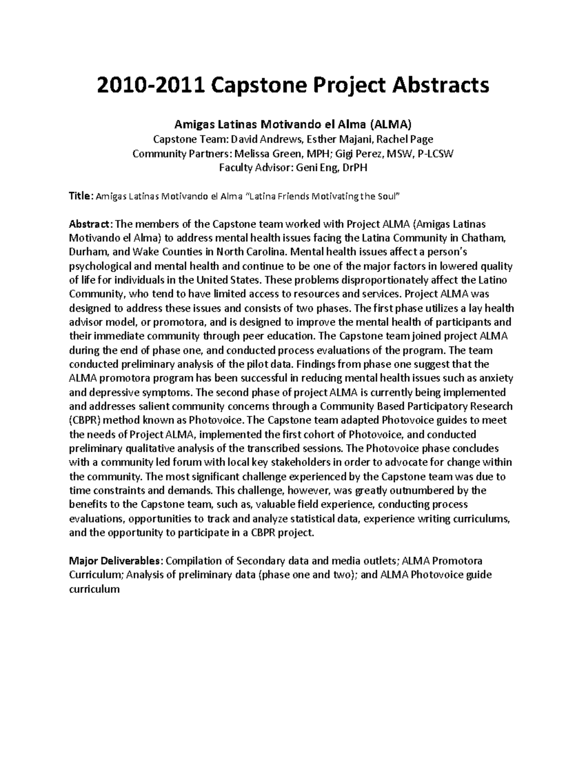 Capstone abstracts 2010 2011 2010 2011 Capstone Project Abstracts