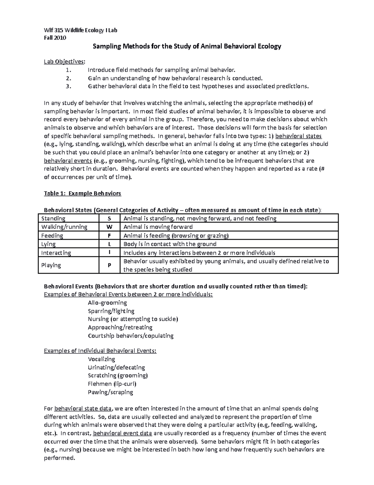 Behavioral ecol lab 10 - lab 10 (glendon) - Wlf 315 Wildlife Ecology I ...