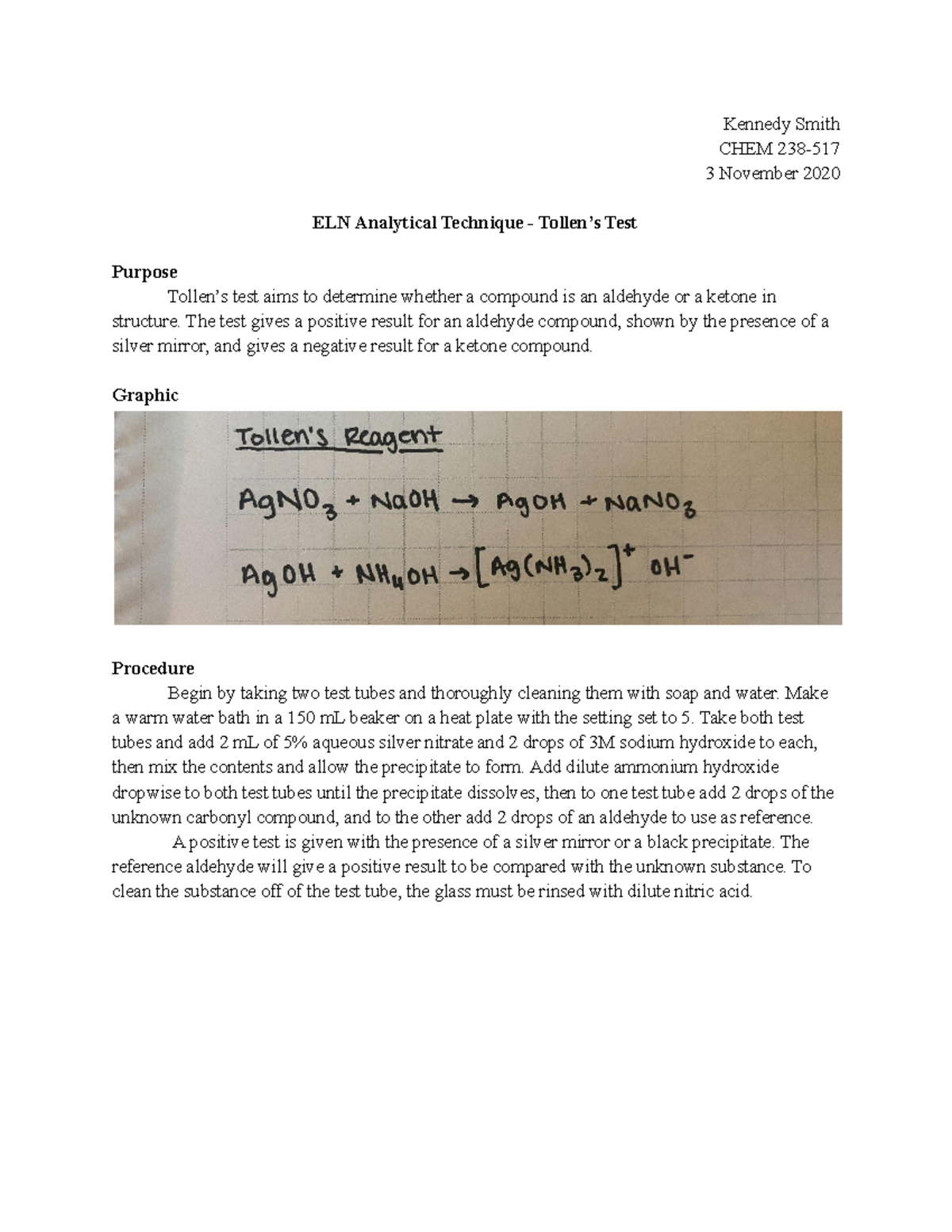 ELN Analytical Technique Tollen's Test Kennedy Smith CHEM 238 3
