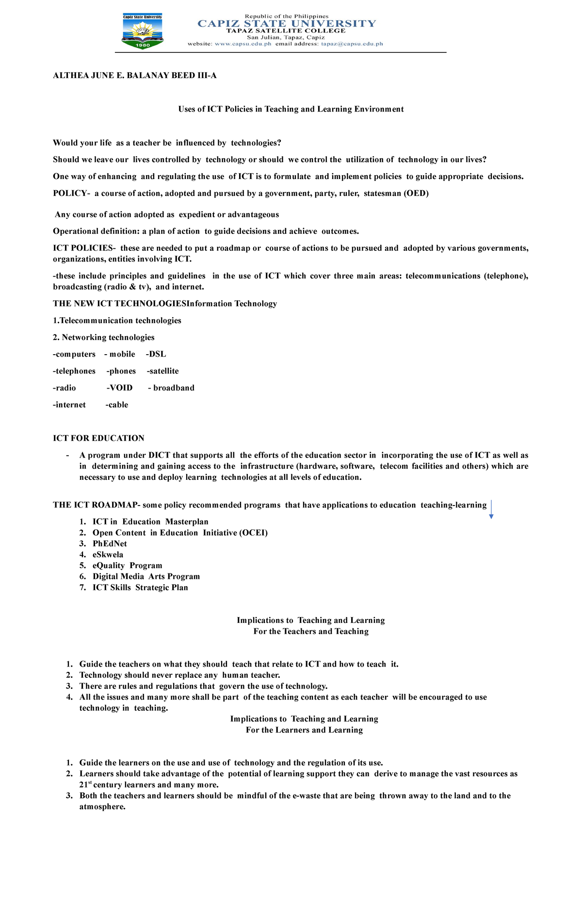 Uses of ICT Policies in Teaching Althea - ALTHEA JUNE E. BALANAY BEED ...