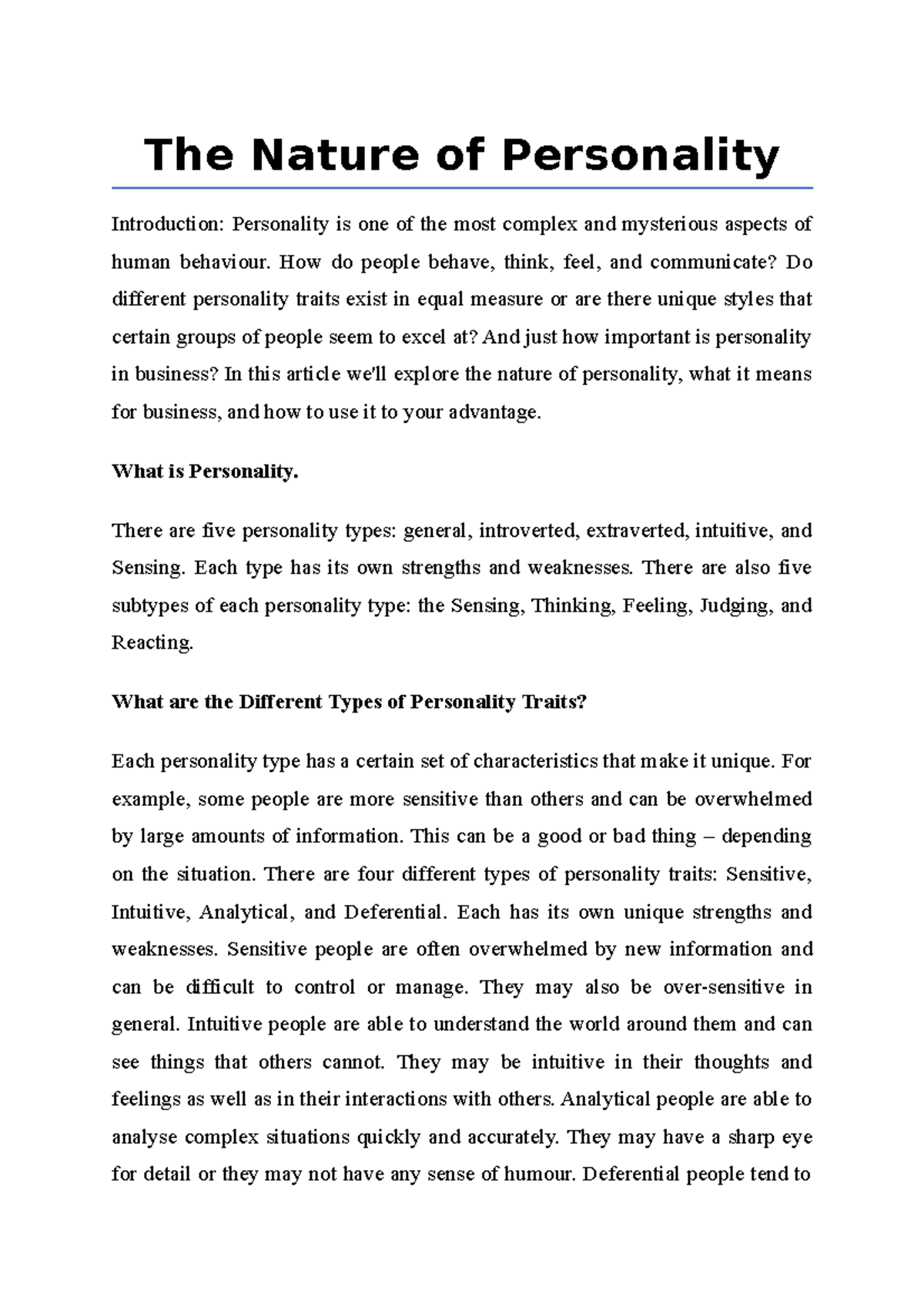 The Nature of Personality The Nature of Personality Introduction
