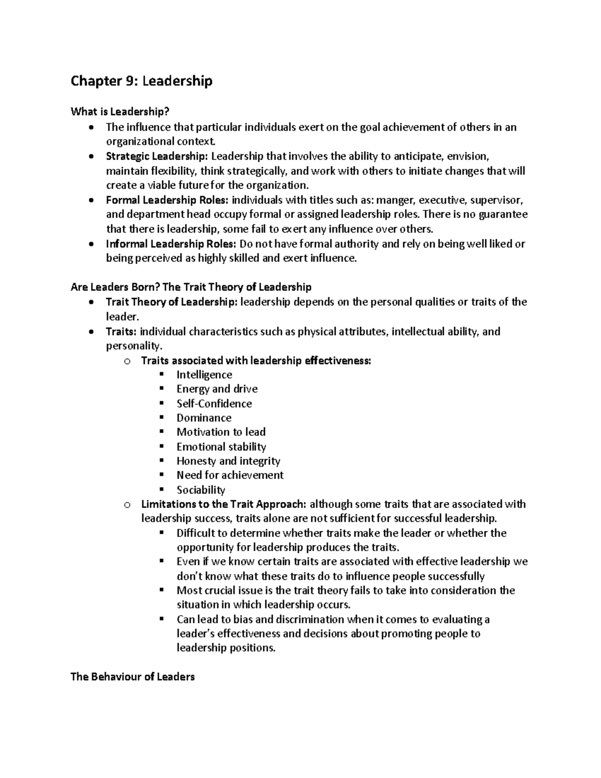 Chapter 9 OB Notes - Chapter 9: Leadership What is Leadership? - The ...