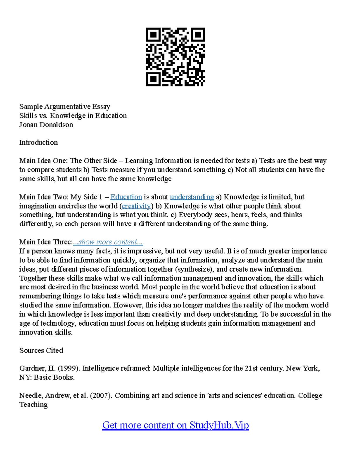 sample argumentative essay skills vs knowledge