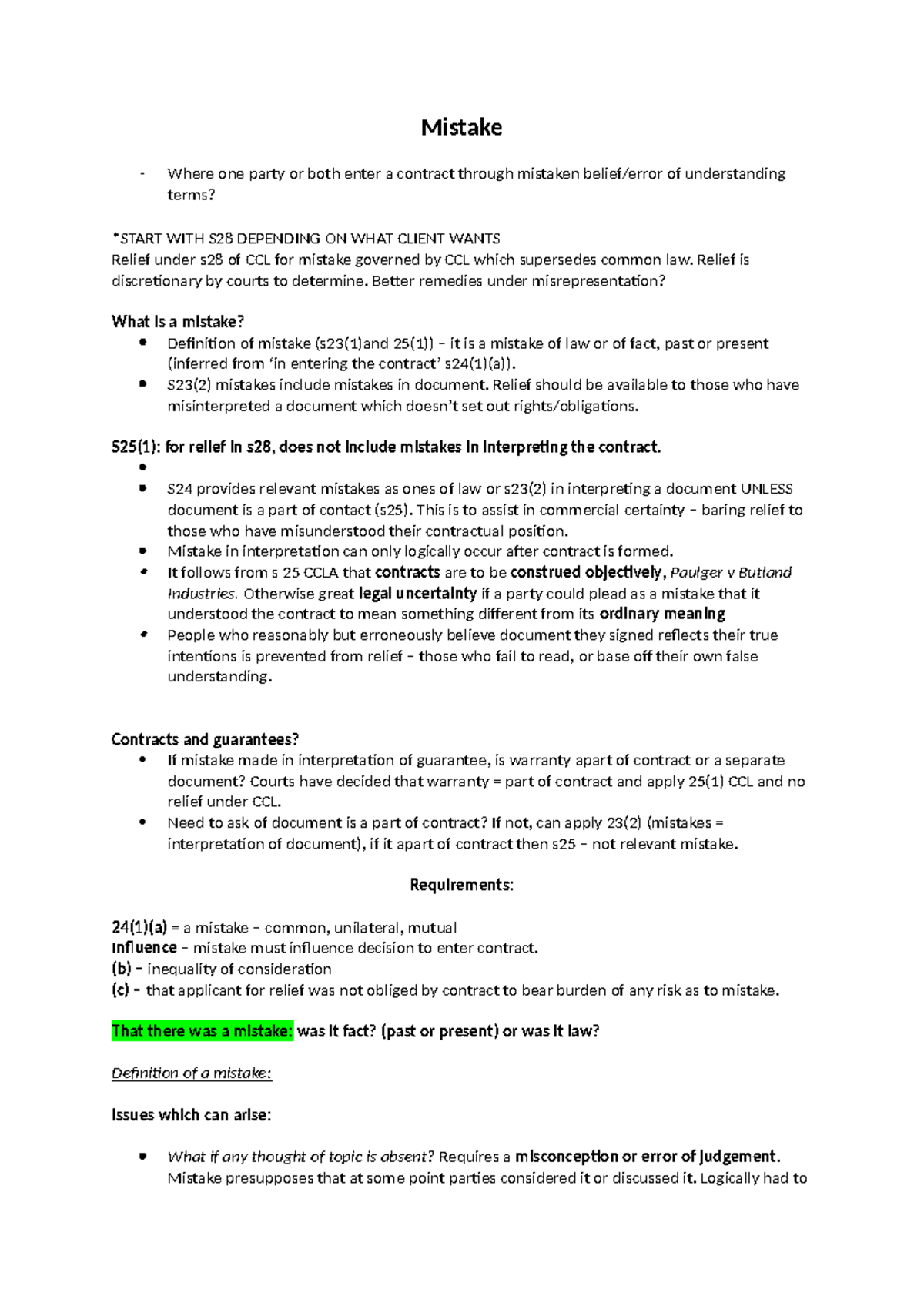 Mistake notes for exam - Mistake Where one party or both enter a ...