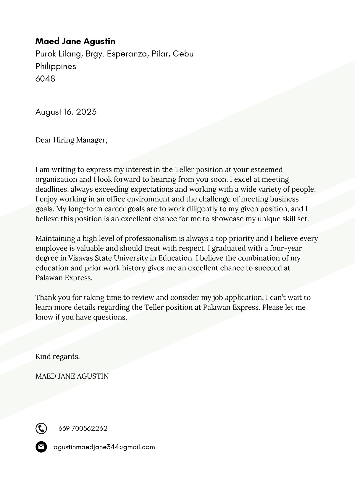 Palawan Cover Letter Example - Dear Hiring Manager, I am writing to ...