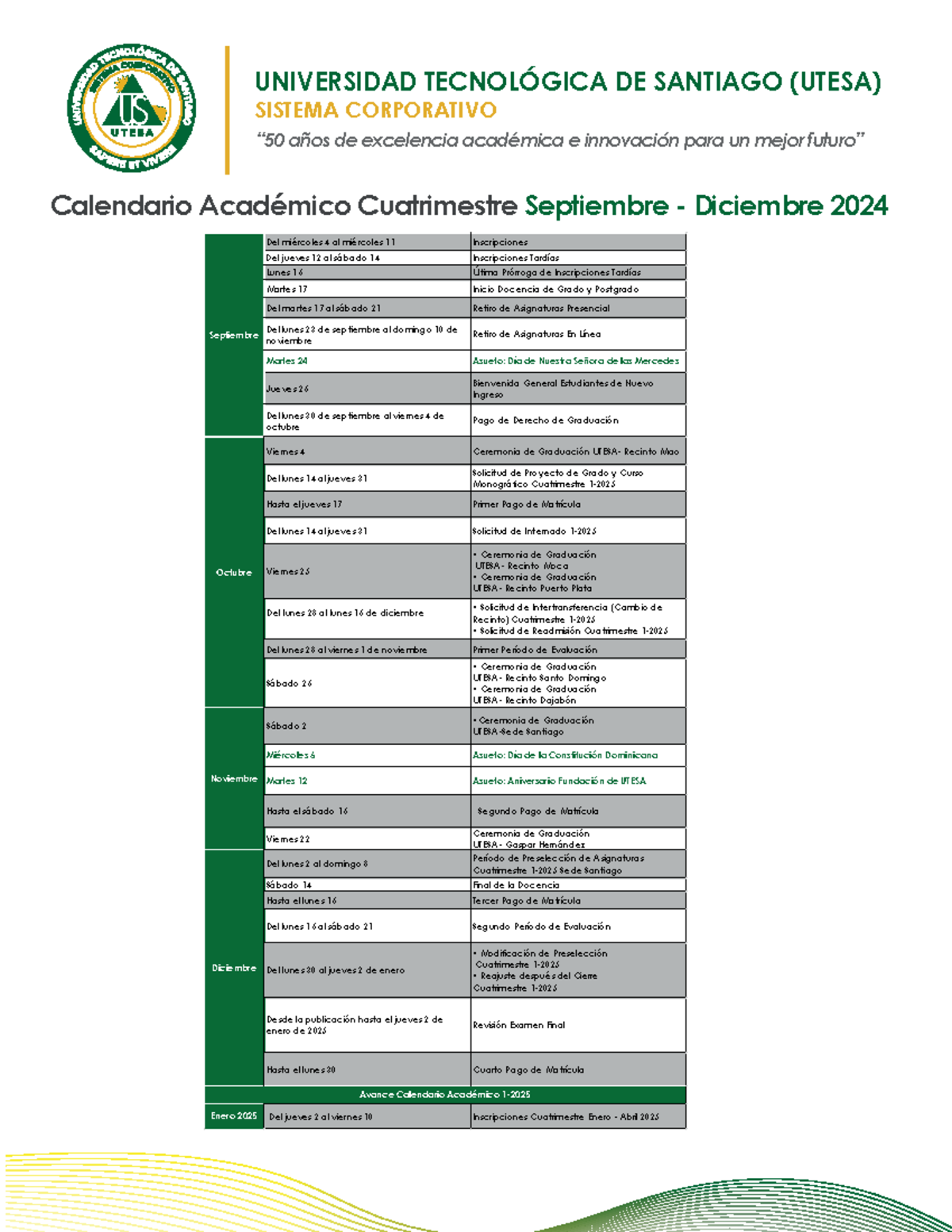 Calendario académico utesa 3 2024