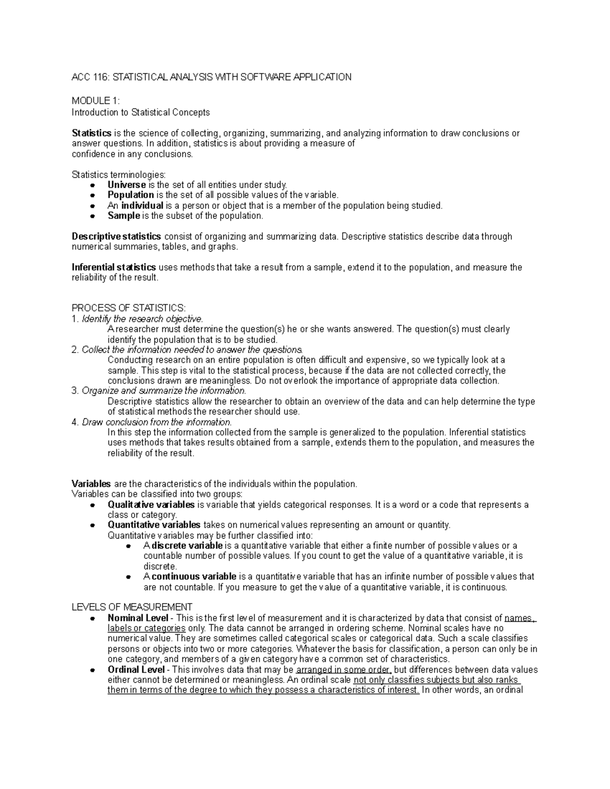 ACC 116 Midterm Notes - ACC 116: STATISTICAL ANALYSIS WITH SOFTWARE ...