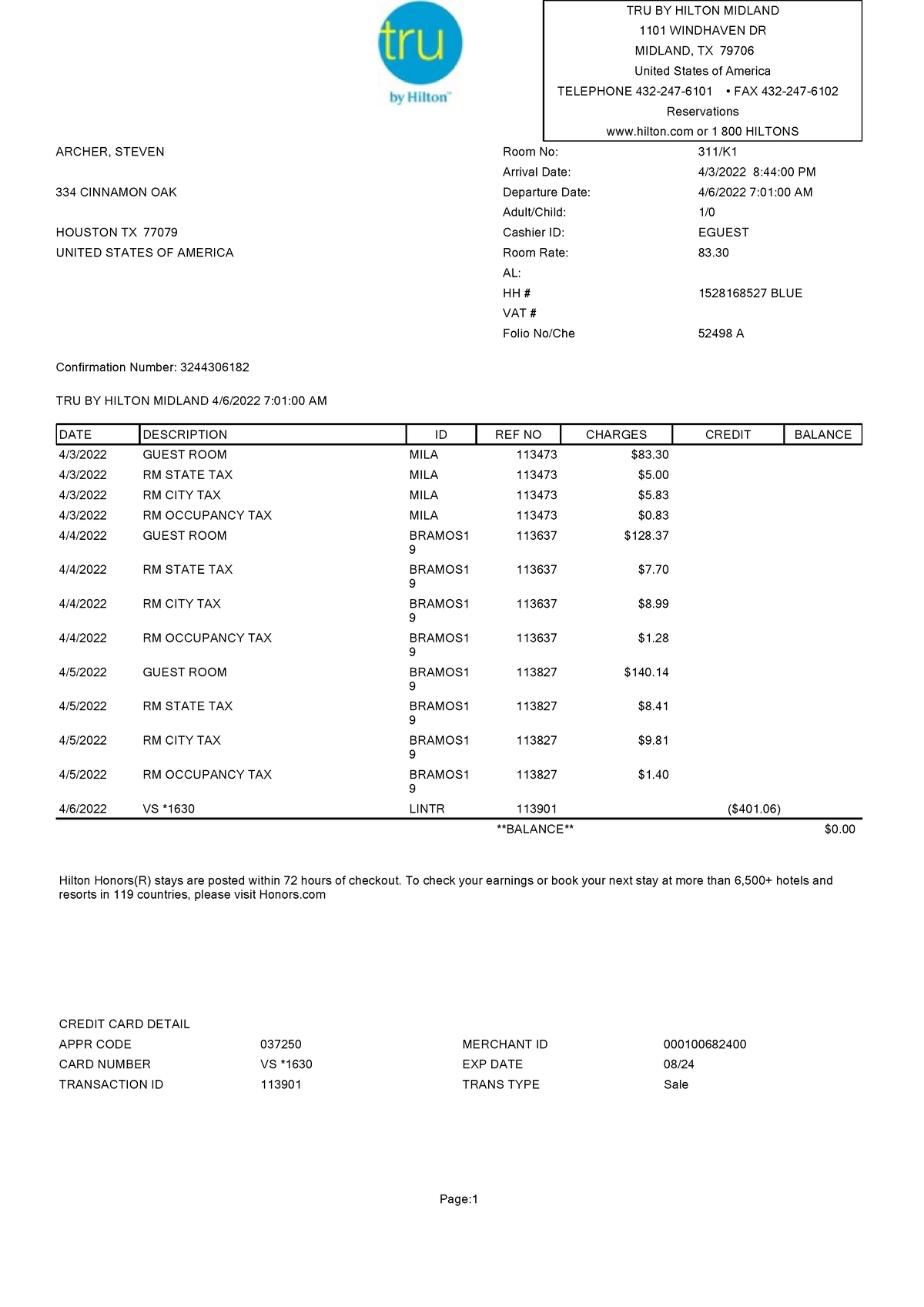 Tru By Hilton Receipt 4-6-2022 - TRU BY HILTON MIDLAND 1101 WINDHAVEN ...