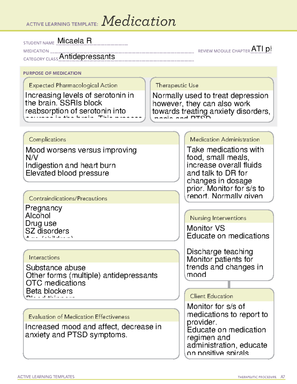 Antidepressants Medication Sheet - Active Learning Templates 