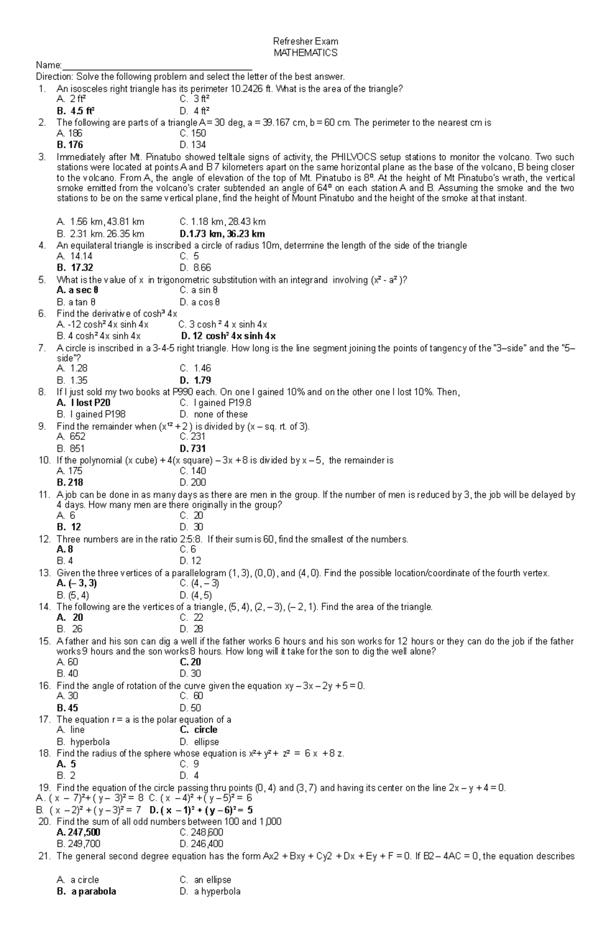 Exam 8 April 2017, questions and answers - Refresher Exam MATHEMATICS ...