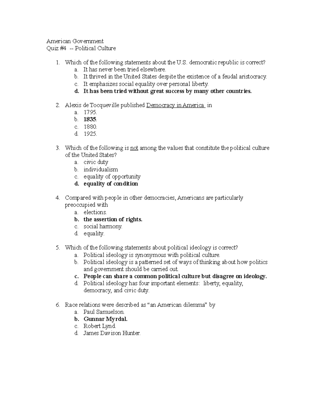 Chapter 4 Quiz - Quiz - American Government Quiz #4 - Political Culture ...