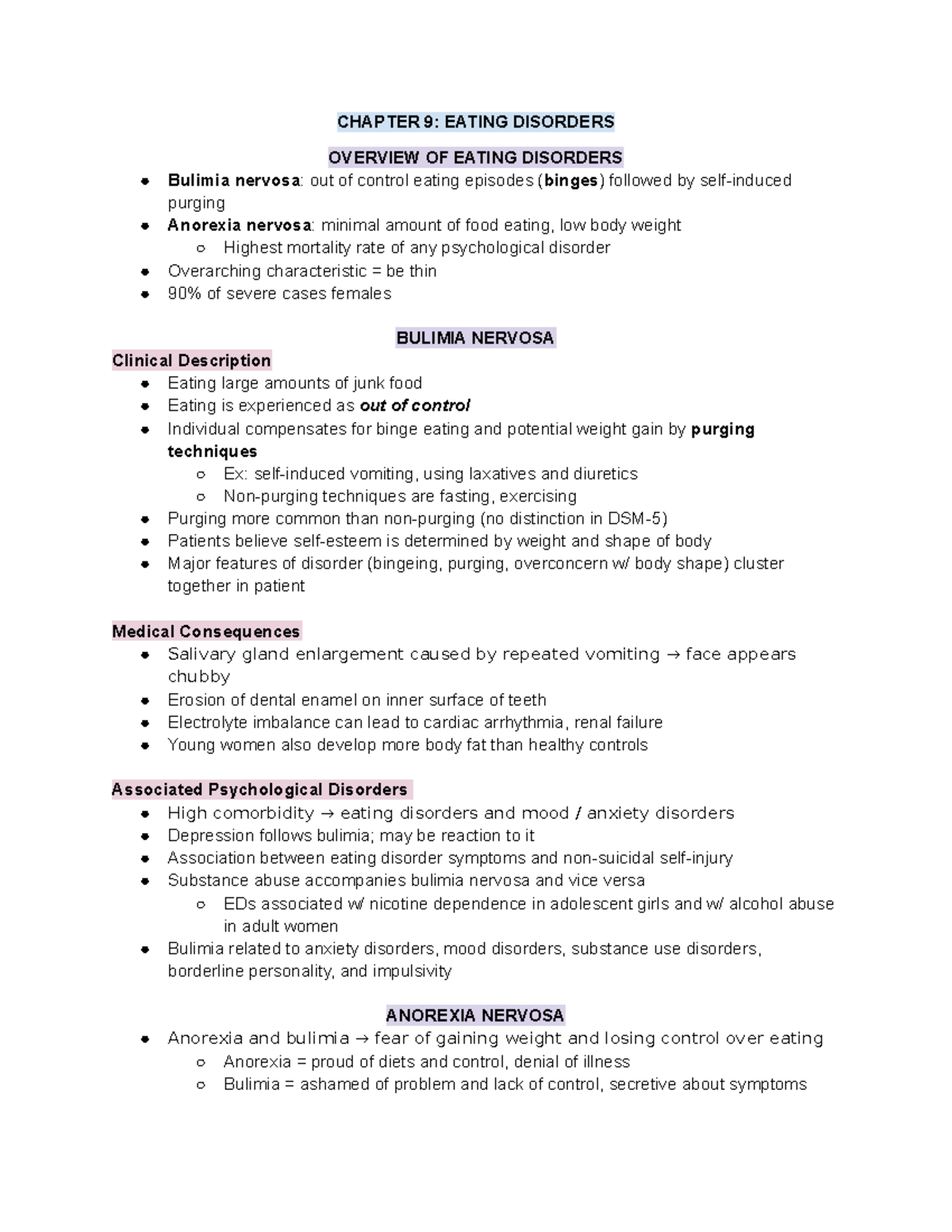 Psyc 2020 Chapter 9 Chapter 9 Eating Disorders Overview Of Eating Disorders Bulimia Nervosa