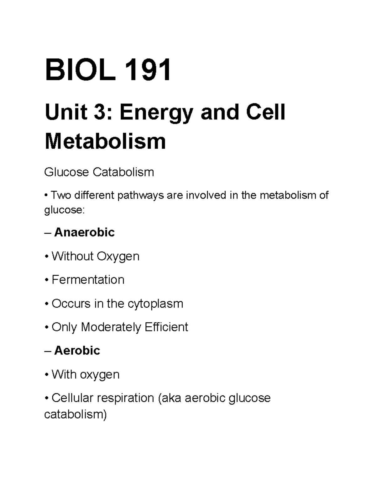 Energy And Cell Metabolism - BIOL 191 Unit 3: Energy And Cell ...