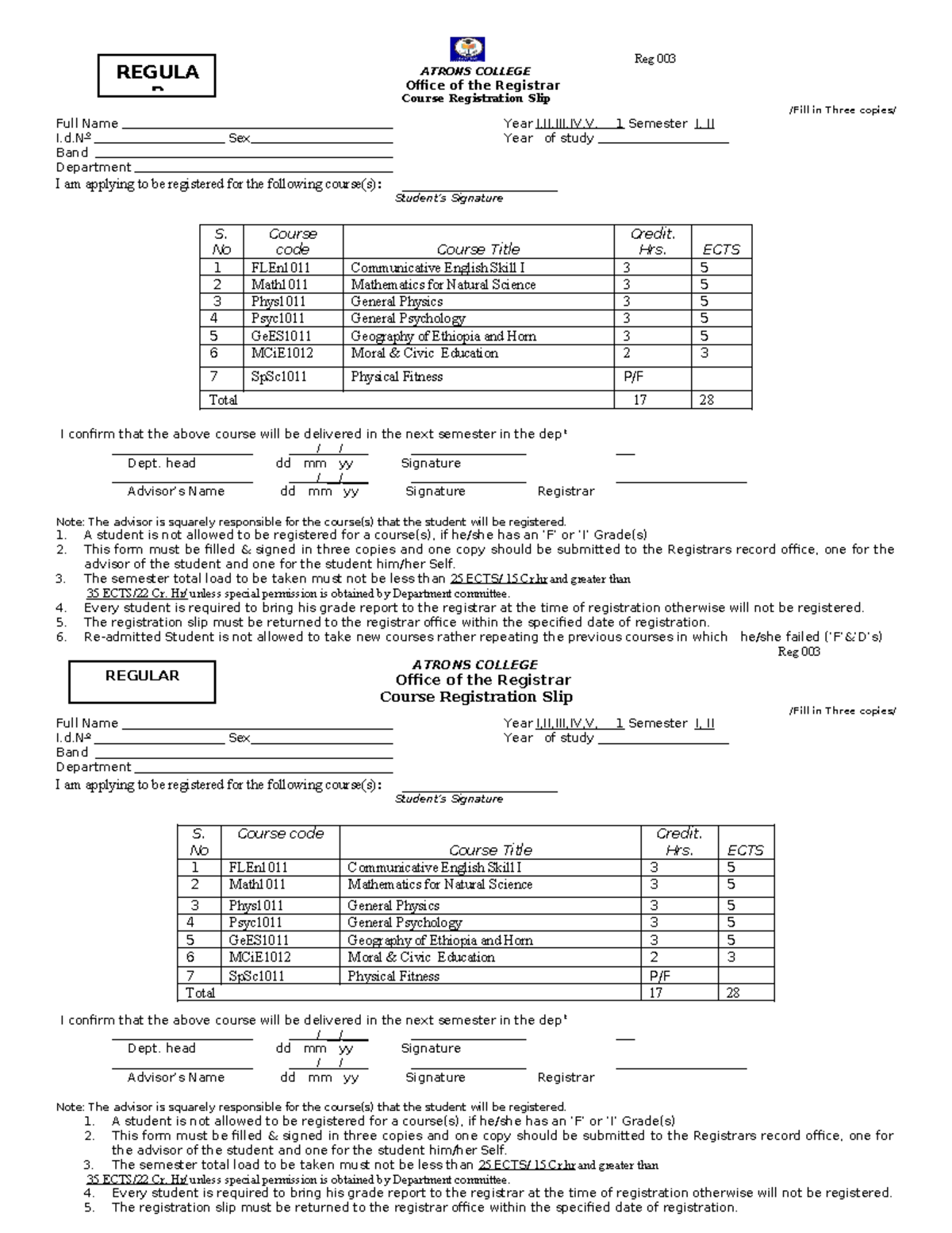 3. Registration Slip - assgfrsgggggggggggf - Reg 003 ATRONS COLLEGE ...