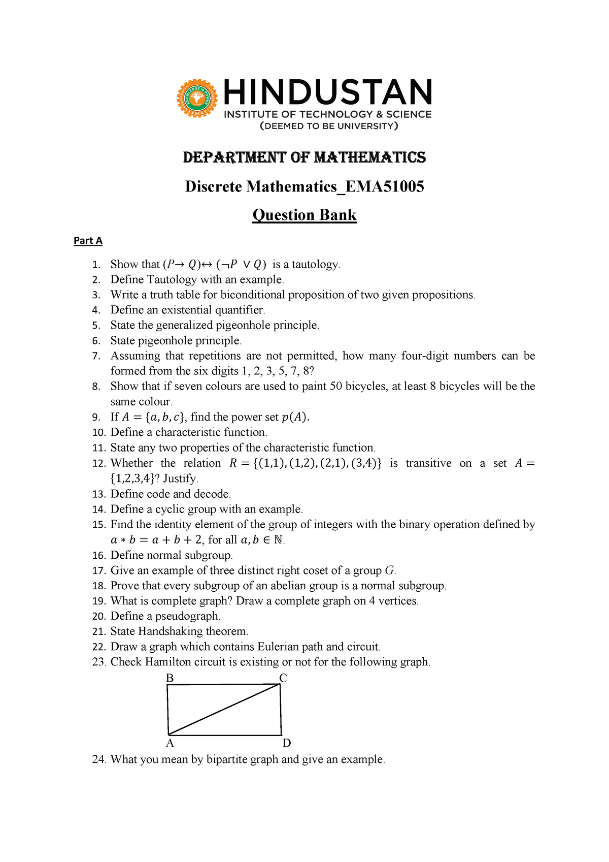 Discrete Mathematics EMA51005 Question Bank - Department Of Mathematics ...