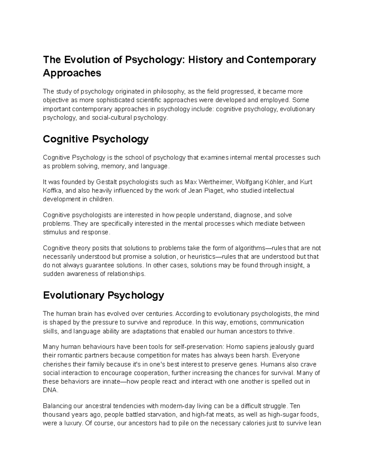 The Evolution of Psychology History and Contemporary Approaches