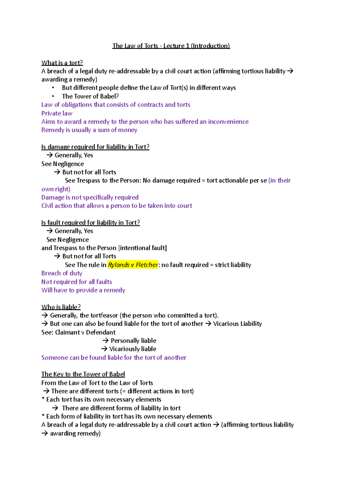 Lecture 1 Notes - The Law of Torts - Lecture 1 (Introduction) What is a ...