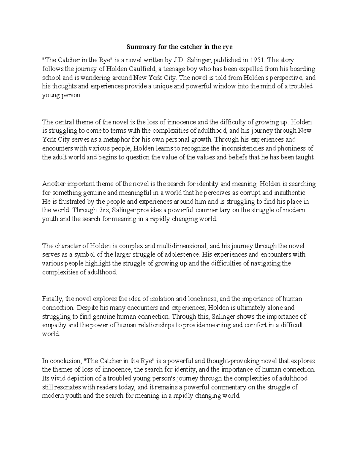 Summary the catcher in the rye Summary for the catcher in the rye