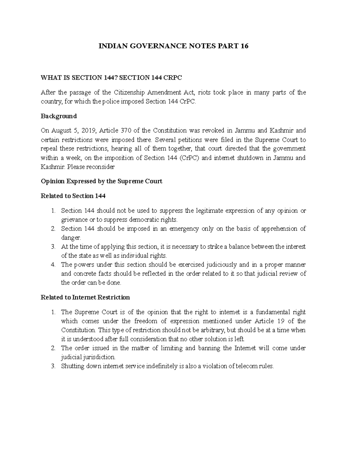 Indian Governance Notes PART 16 INDIAN GOVERNANCE NOTES PART 16 WHAT IS SECTION 144? SECTION