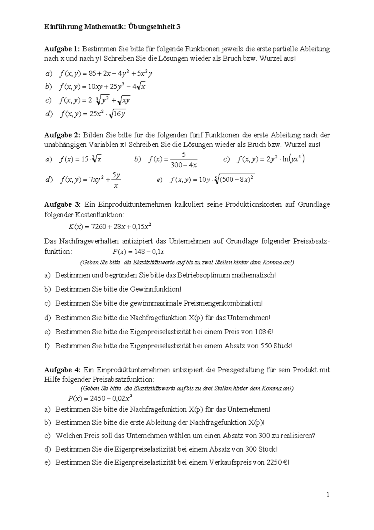 Mathematik Ubungen 3 Fom Einf Hrung Mathematik Bungseinheit Aufgabe Studocu