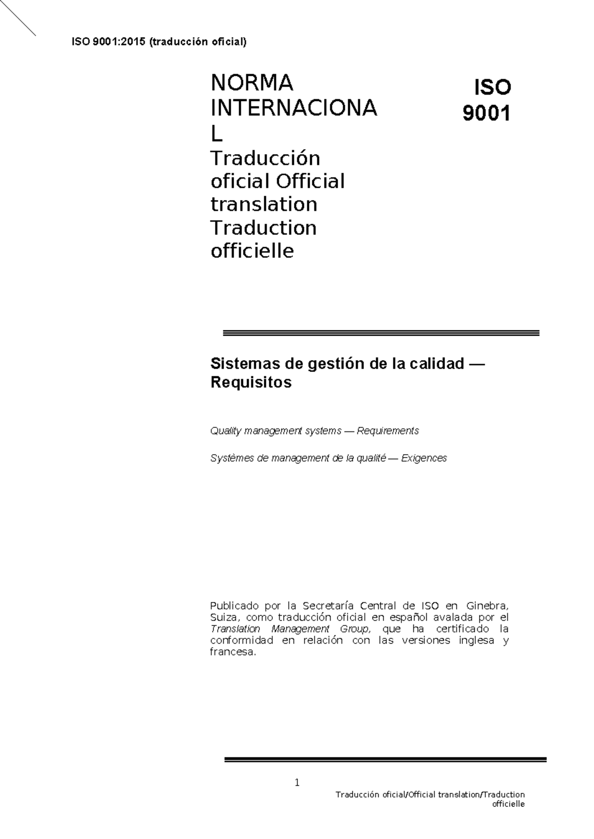 Norma Internacional ISO 9001 2015- Gestión DE LA Calidad - 1 Traducción ...