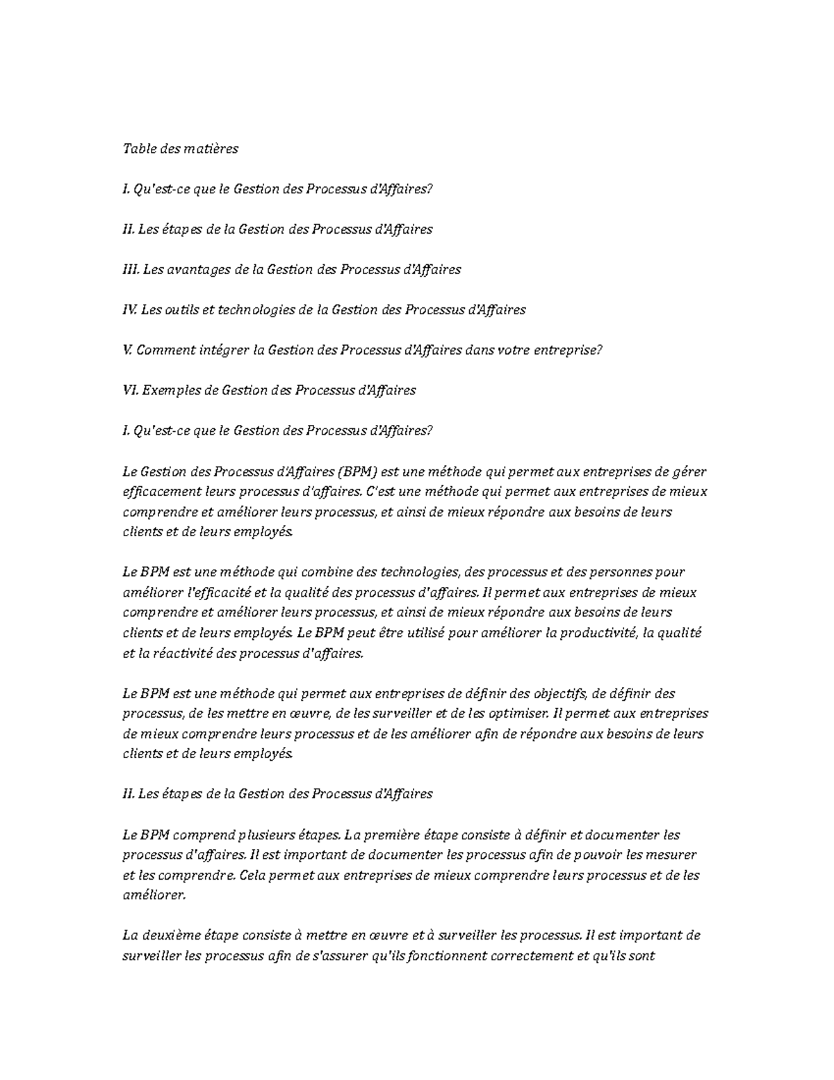 Business Process Management note study - Table des matières I. Qu'est ...