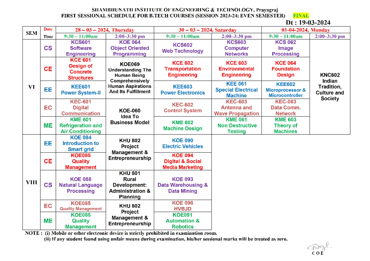 Final Schedule 1st sessional 23-24 even sem 2024 - B.tech - Studocu