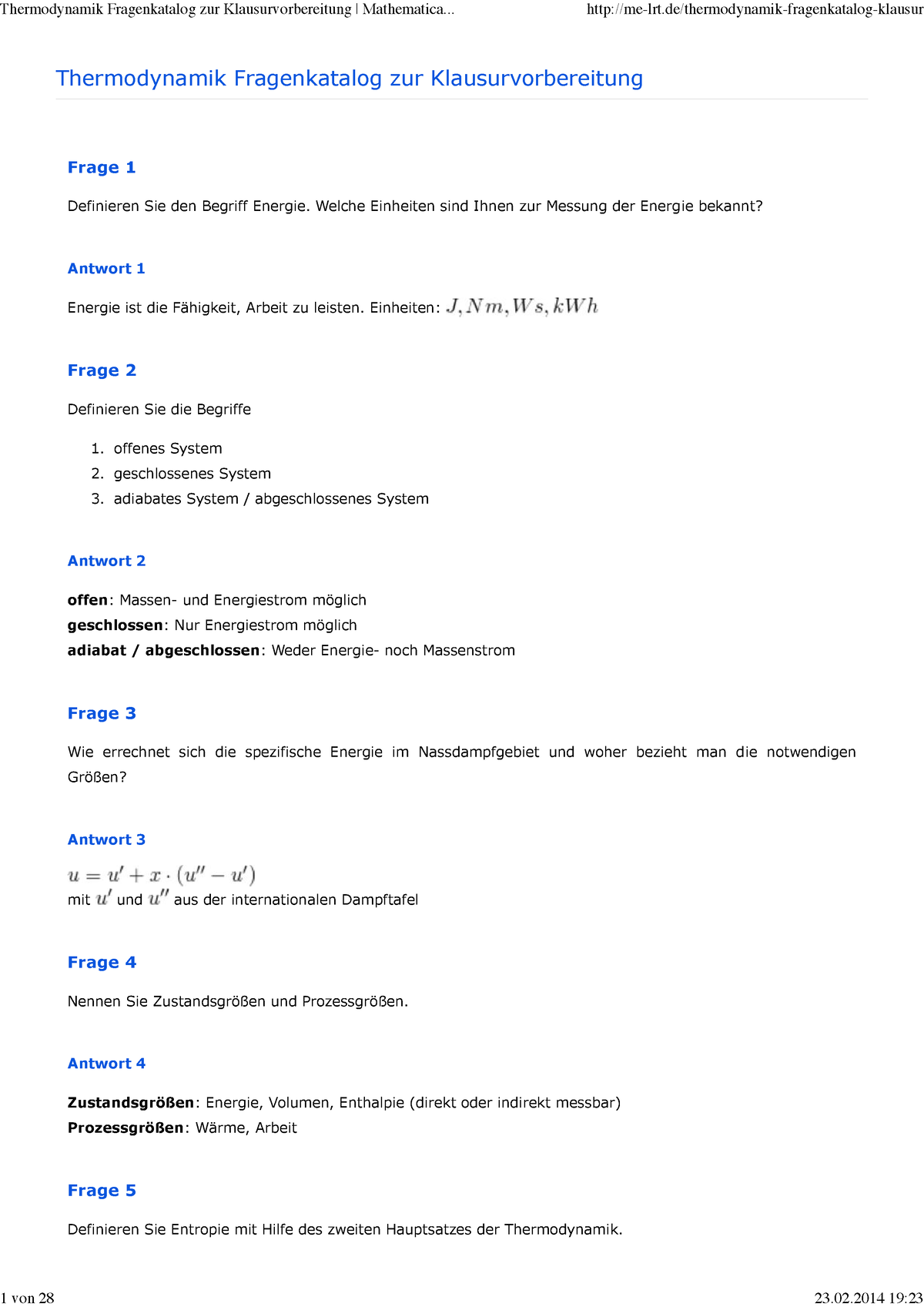 Thermodynamik Fragenkatalog Zur Klausurvorbereitung Allgemein ...