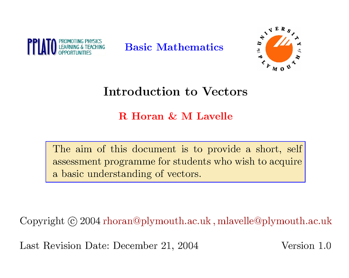 Introduction To Vectors - Basic Mathematics Introduction To Vectors R ...