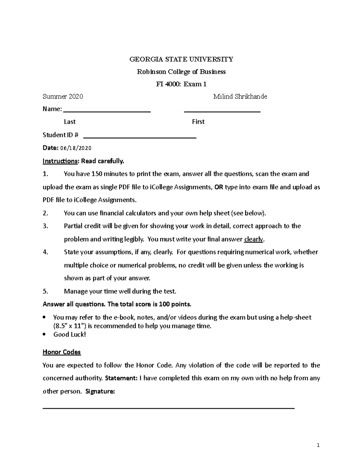 Midterm 1 QUES Summer 2020 2 GEORGIA STATE UNIVERSITY Robinson 