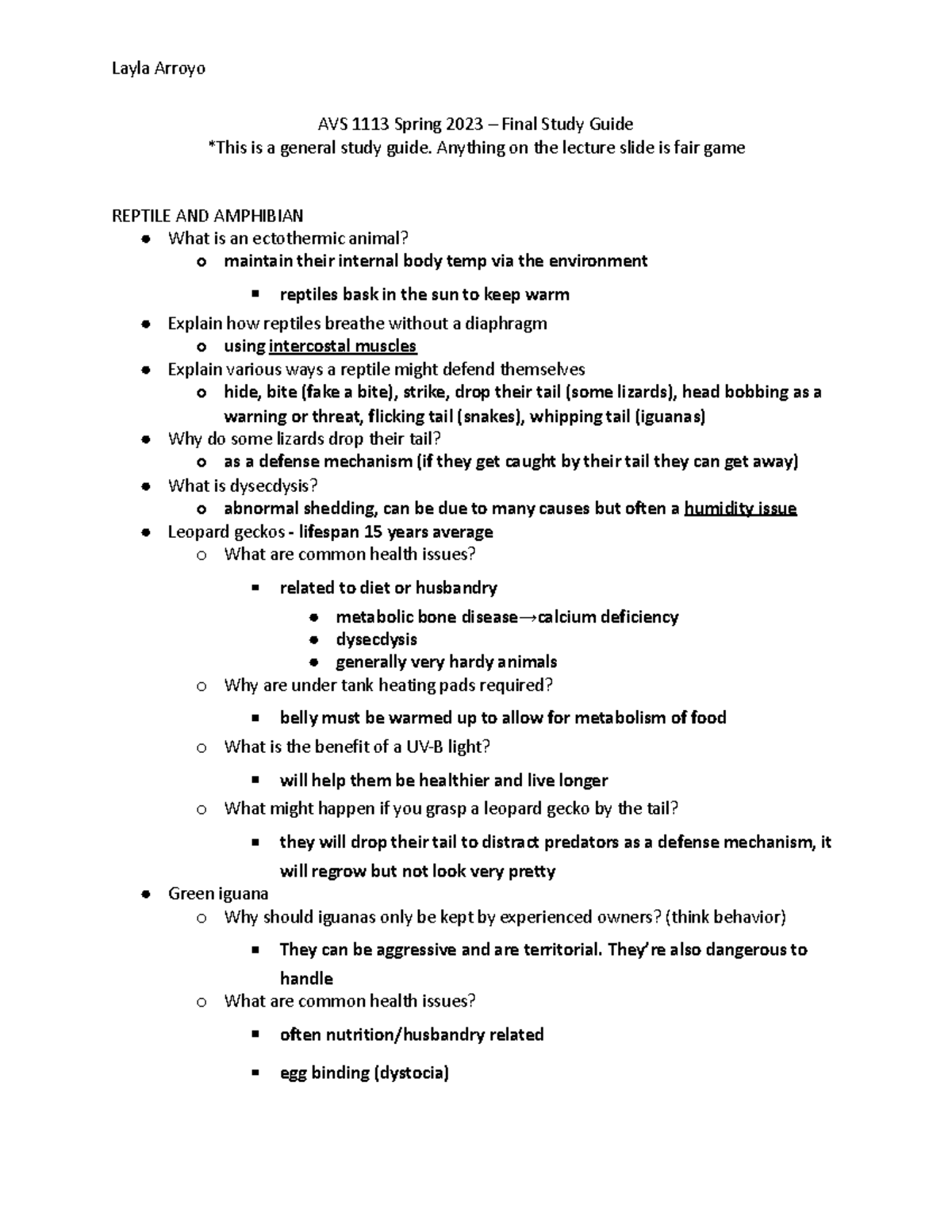 AVS 1113 Spring 2023 - Study Guide final - AVS 1113 Spring 2023 – Final ...